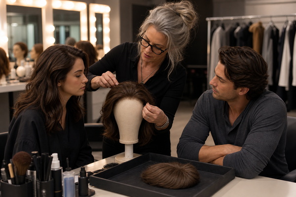fictional actors preparing realistic wigs and hairpieces in a studio dressing room
