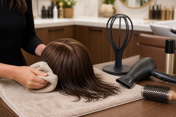 human hair topper air-drying beside a controlled salon blow-dry setup