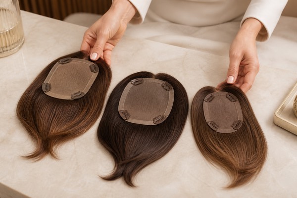Choose the Right Hair Topper stylist comparing human hair topper root shades and base sizes on a consultation table