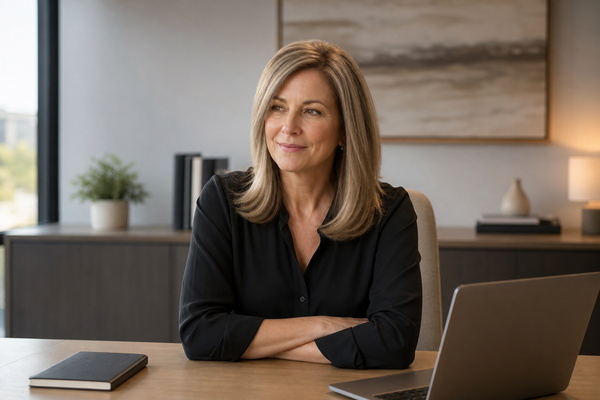 woman wearing a lightweight hair topper comfortably through a full workday