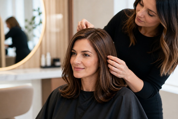 Common Hair Topper Problems woman wearing a natural blended hair topper in a premium salon