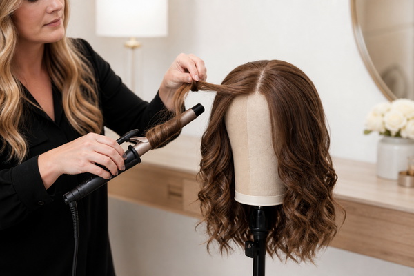 Curl or Straighten a Human Hair Topper stylist curling a human hair topper safely on a canvas block