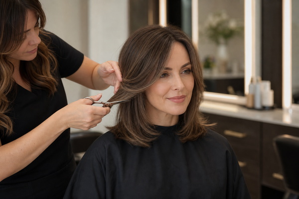 Customize a Hair Topper to Face Shape stylist customizing a hair topper with face-framing layers