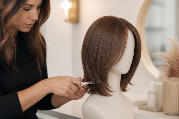 stylist trimming a hair topper on a mannequin head