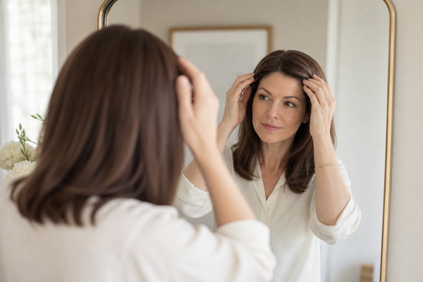 Daily Hair Topper Mistakes woman checking comfortable hair topper placement during her morning routine