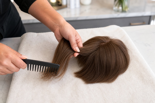hands gently detangling the ends of a human hair topper with a wide-tooth comb