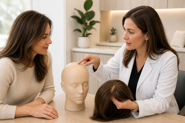 woman discussing a hair topper attachment plan after hair transplant healing
