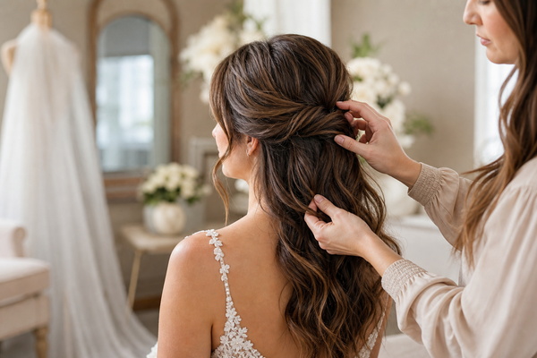 Stylist matching a hair topper to several refined bridal hairstyle options
