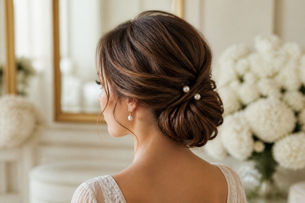 Bride wearing a softly structured low updo with a blended hair topper