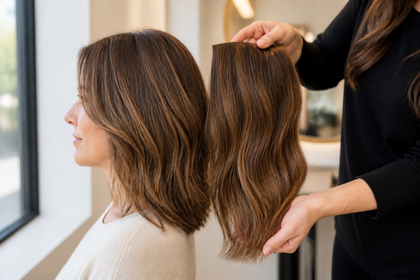 Hair Topper Color and Blend stylist comparing a hair topper with natural hair color in daylight