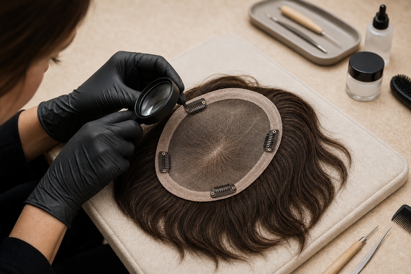 Hair Topper Shedding and Repair technician inspecting the underside construction of a detached hair topper
