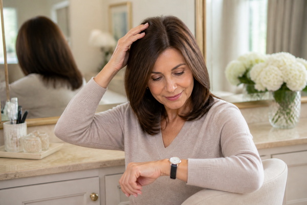 hair topper wearer checking comfort during a normal day