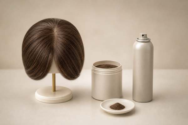 hair topper displayed beside hair fibers and root spray for thinning hair