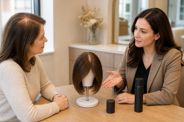 woman comparing a hair topper with hair fibers and root spray for bald spots