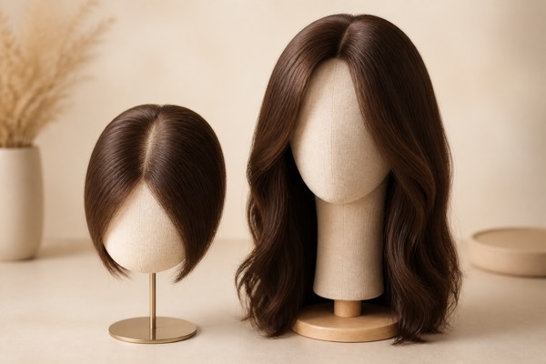 Hair Topper vs Wig premium hair topper and full wig arranged side by side in a neutral salon studio