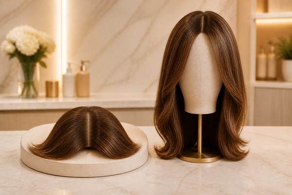lightweight hair topper and full wig compared in a premium salon