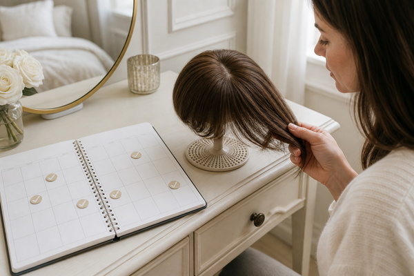 wear calendar and clean human hair topper showing a practical wash schedule