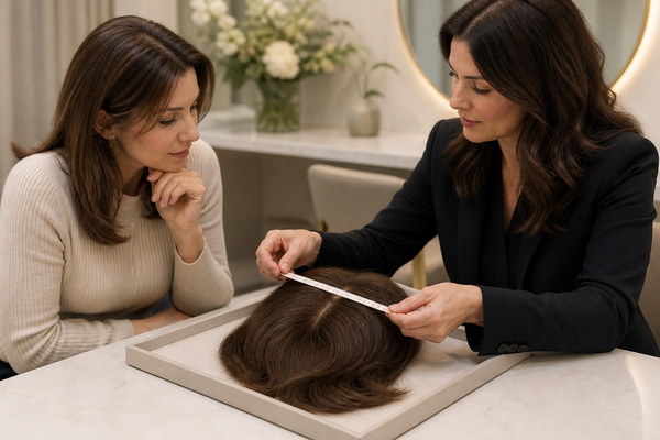 hair topper consultation focused on long-term fit comfort and crown coverage