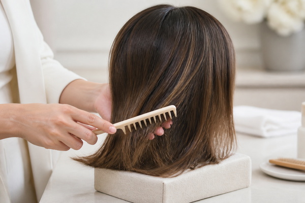Luxury Hair Topper Lifespan and Care woman maintaining a luxury human hair topper on a styling stand