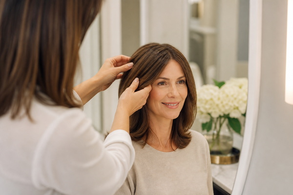 stylist fitting a lightweight natural hair topper for maximum comfort