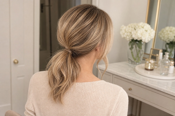 Ponytail With a Hair Topper woman wearing a loose low ponytail with a natural hair topper
