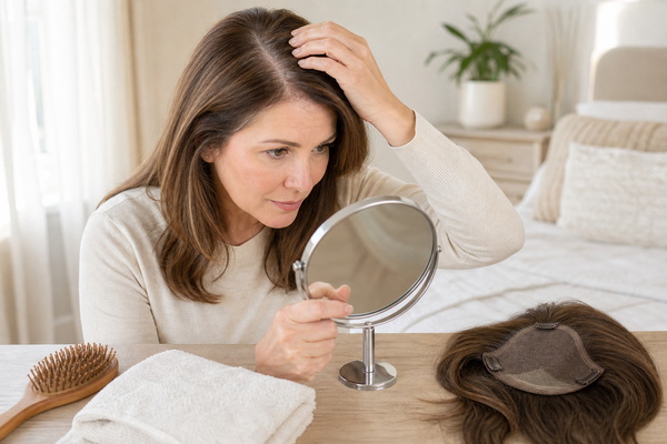Risks and Limits woman checking thinning hair while caring for her scalp and topper