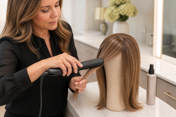 Safe Heat Setting for a Hair Topper digital heat tool set to a conservative temperature beside a human hair topper