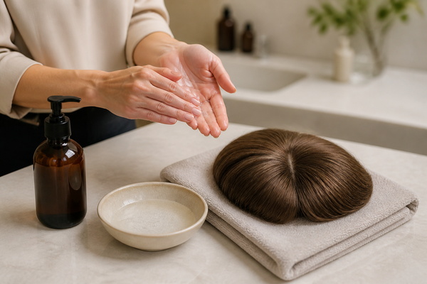 gentle shampoo beside a human hair topper at a clean wash station