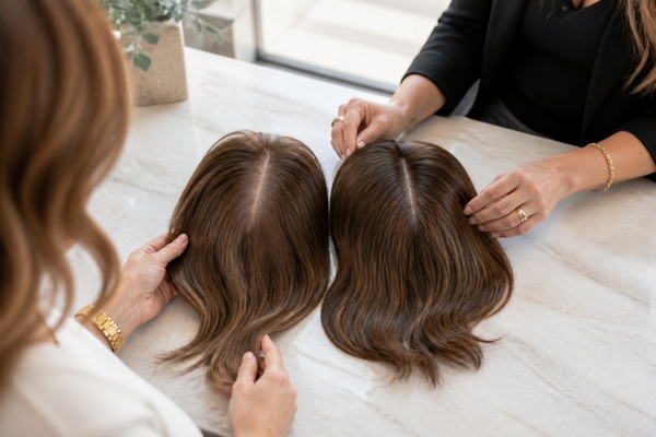 Signs You Need a New Hair Topper woman comparing her current hair topper with a fresh replacement in natural daylight