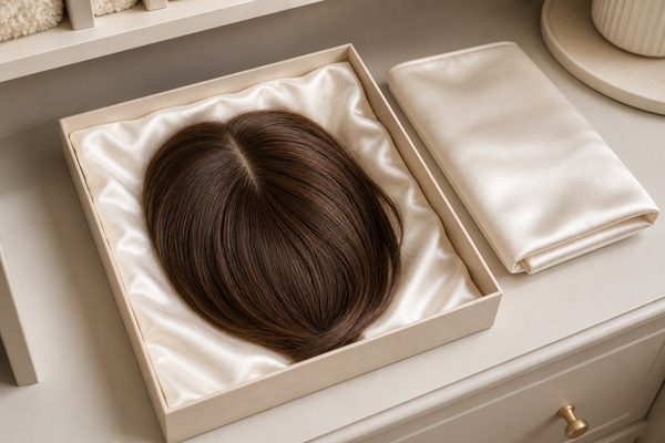 human hair topper stored neatly on a ventilated stand in a clean dressing room