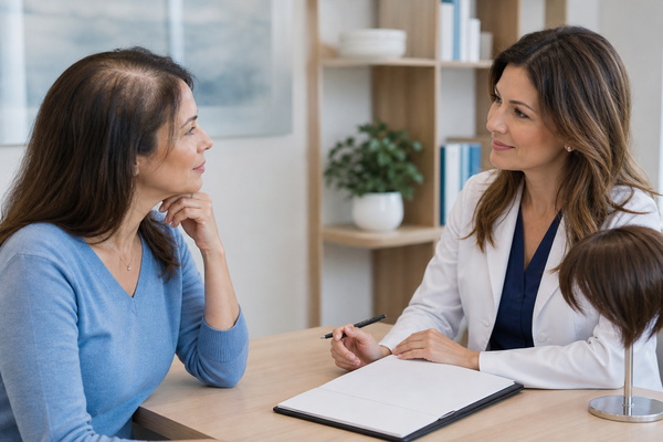Surgery or Medication woman discussing surgery medication and cosmetic coverage with a dermatologist