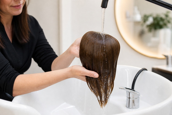 stylist washing a human hair topper under cool running water