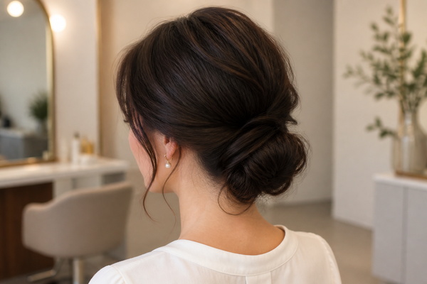 Wear Hair Up With a Topper woman wearing a loose low updo with a blended hair topper