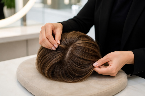 When to Replace a Hair Topper stylist inspecting a hair topper base to decide whether replacement is needed