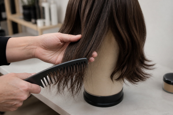 Why Hair Toppers Tangle close view of a stylist gently detangling a human hair topper from the ends