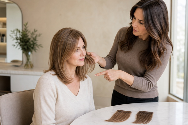 Lightweight topper and low-tension extensions arranged for fine hair