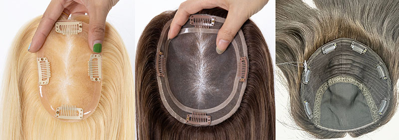 woman covering thinning crown with hair topper