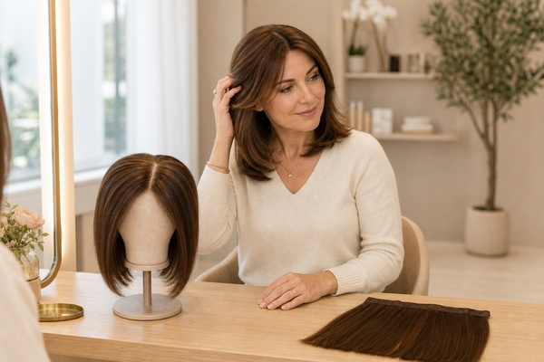 Woman comparing a natural hair topper with hair extensions