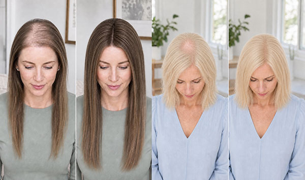 woman blending hair topper with natural hair