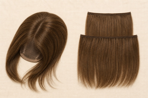 Side-by-side comparison of a hair topper and extension wefts