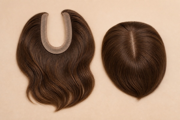U-shaped leave-out hairpiece beside a scalp-covering topper