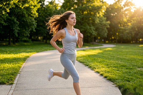 woman running outdoors wearing hair topper