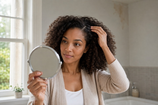 Woman checking her healthy hair near a subtle moisture issue at home