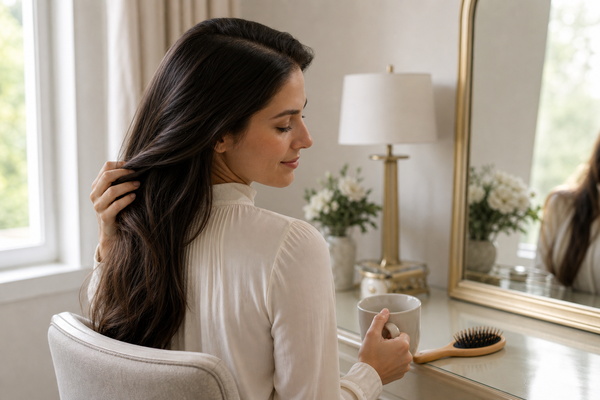 Woman washing long healthy hair with comfortably warm water in a bright bathroom