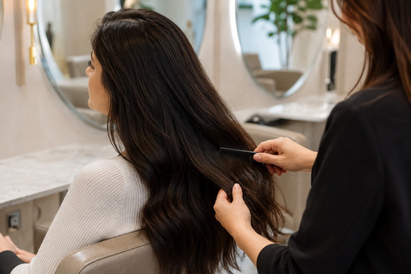 Stylist gently combing a client's long healthy hair in a salon