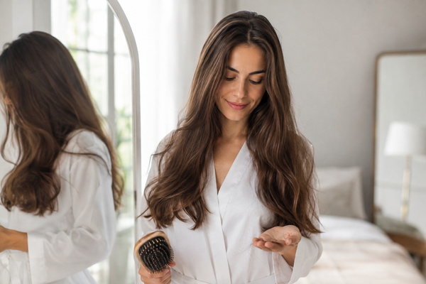 Woman with healthy long hair holding a few shed strands after brushing