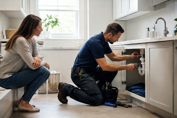 Professional repairing plumbing under a sink while a homeowner observes