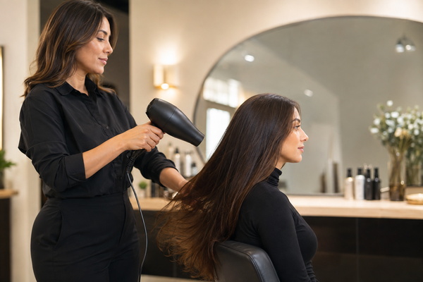 Stylist using moderate heat at a safe distance while drying long hair