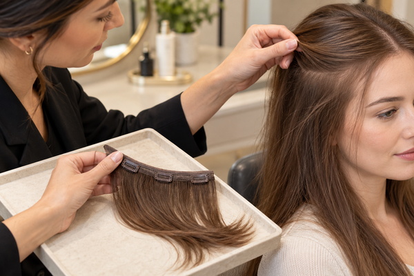 stylist checking the weight and attachment area of hairline extensions on fine hair