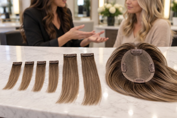 Hairline Extensions or Hair Topper consultation comparing lightweight hairline extensions with a crown hair topper